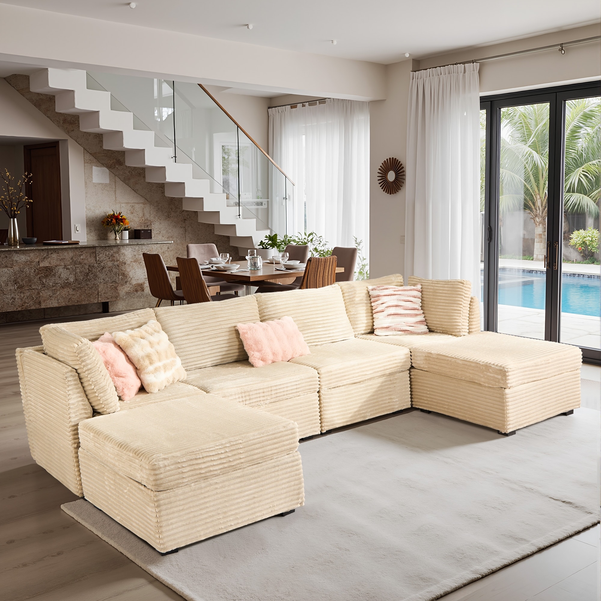 HOOOWOOO Modular U-shaped Corduroy Fabric Sectional Sofa Couch with Ottoman