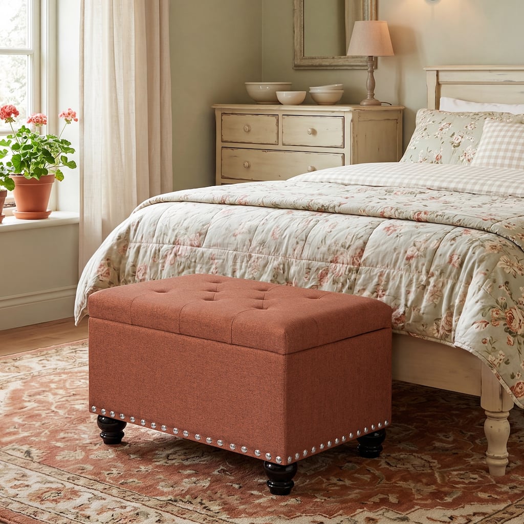 Adeco 24" W Rectangular Tufted Storage Ottoman with Wooden Legs