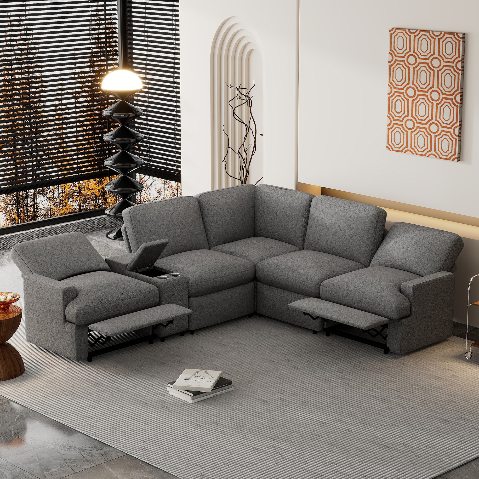 Reclining sectional with cup outlet holders