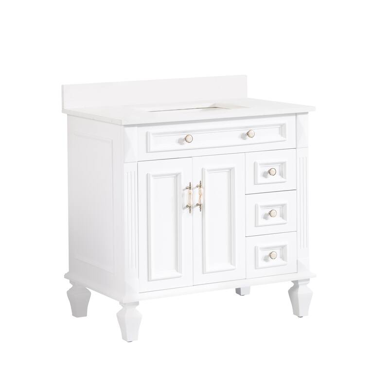 35'' H X 36'' W Solid Wood Bath Vanity with Stain-resistant Carrera Quartz Top and Single Sink