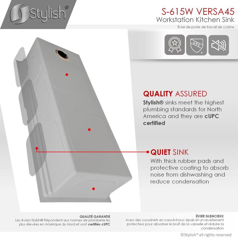 STYLISH 45 inches Ledge Workstation Single Bowl Undermount 16 Gauge Stainless Steel Kitchen Sink with Built in Accessories