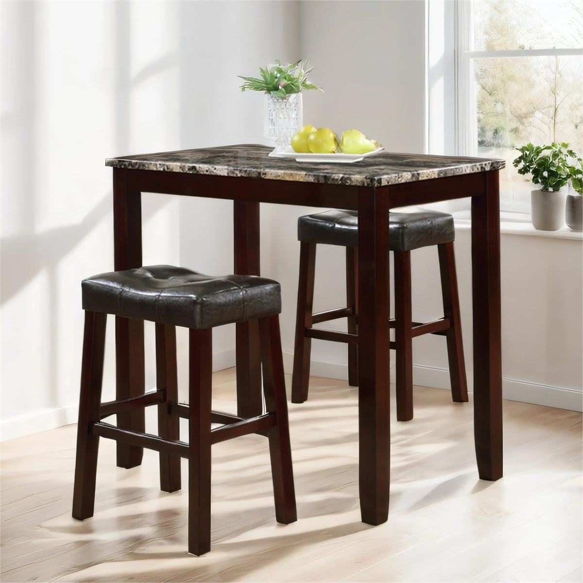 3-Piece Counter Height Glossy Print Marble Breakfast Table with Stools