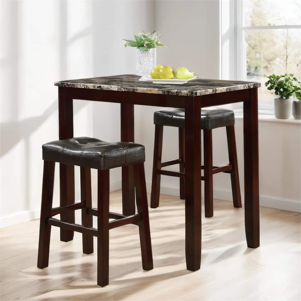 3-Piece Counter Height Glossy Print Marble Breakfast Table with Stools