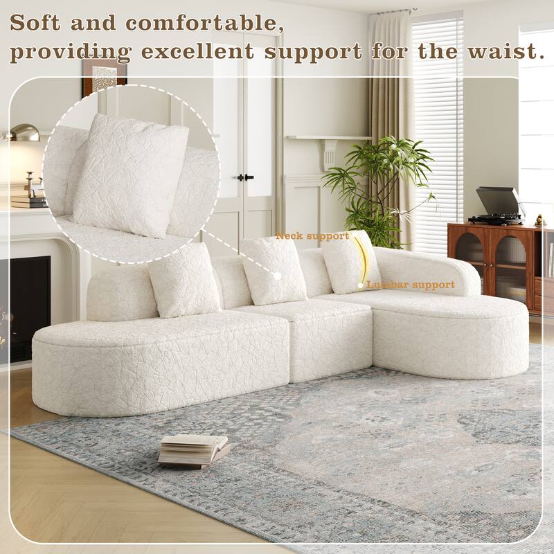 Curved Modular Sofa with Chaise Lounge, Full Compression Upholstered Boneless Sofa, Corner 3 Seater Sofa with 3 Pillows