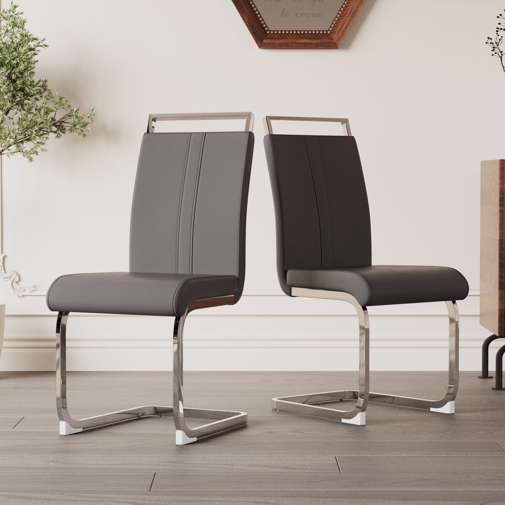 Dining Chair Set of 2 PU High Back Side Chair Office Chair, Grey