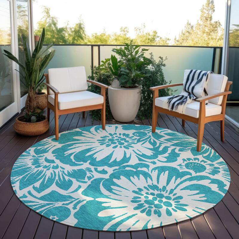 Machine Washable Indoor/ Outdoor Whimsy Floral Chantille Rug - Teal - 8' x 8'