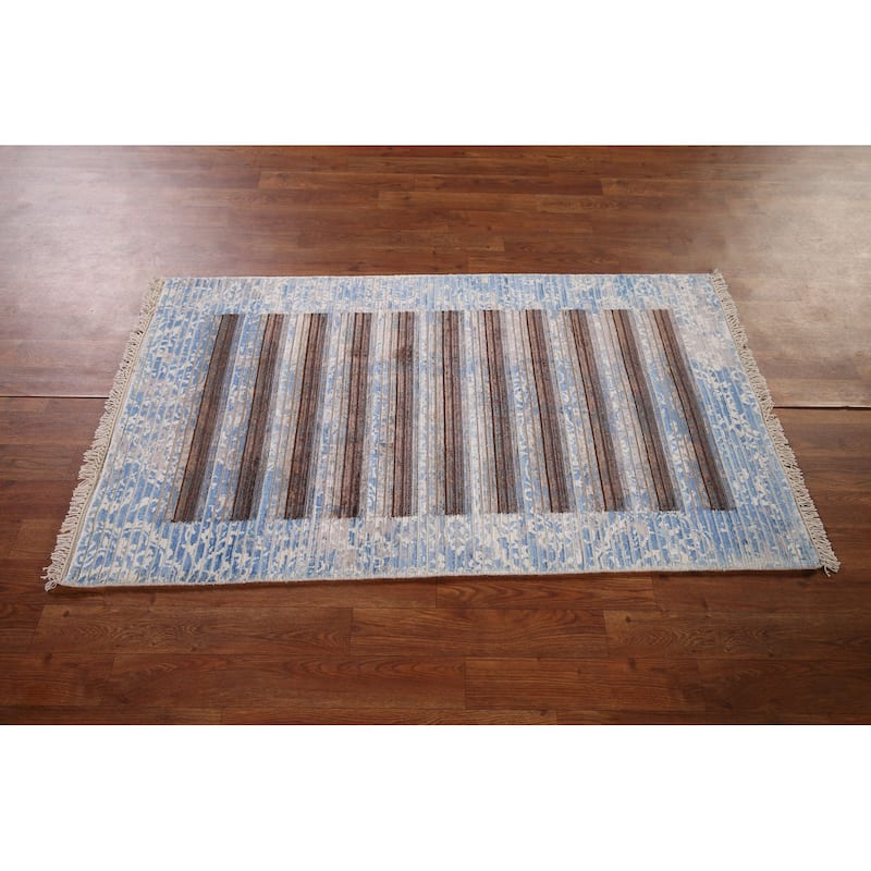Striped / Modern Abstract Foyer Rug Hand-Knotted Wool Carpet - 2'8" x 4'7"