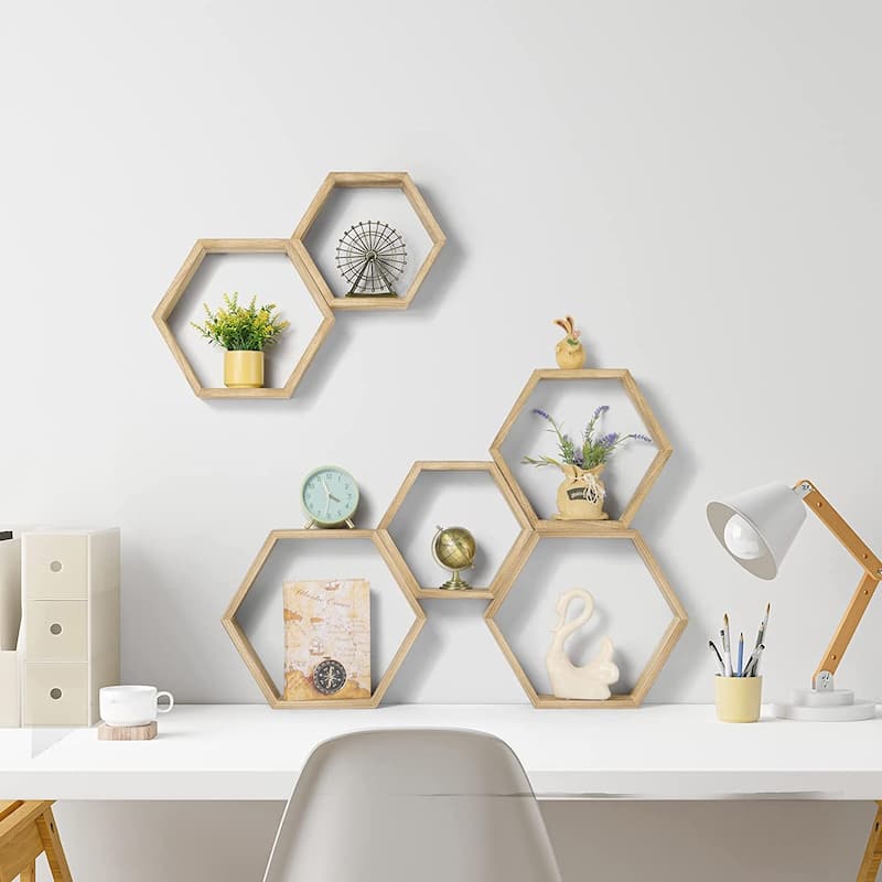 Set of 6 Wooden Hexagon Rustic Floating Shelves in Deep Natural Wood