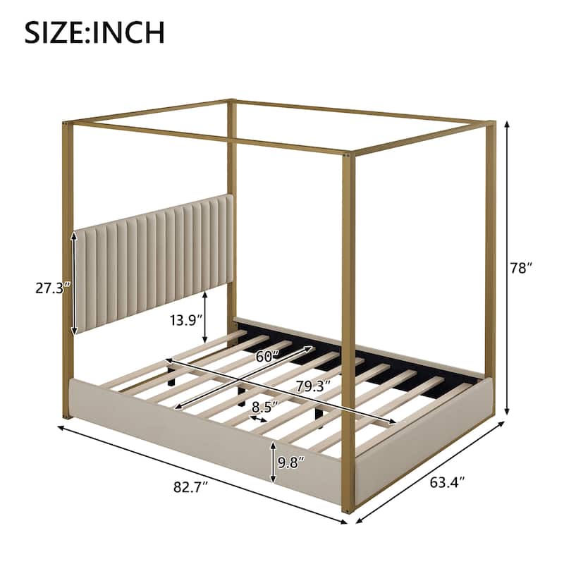 Roomfitters Queen Upholstered Canopy Platform Bed with Padded Headboard and Sturdy Metal Frame, Beige