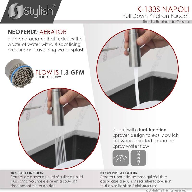 STYLISH Kitchen Sink Faucet Single Handle Pull Down Dual Mode in Stainless Steel