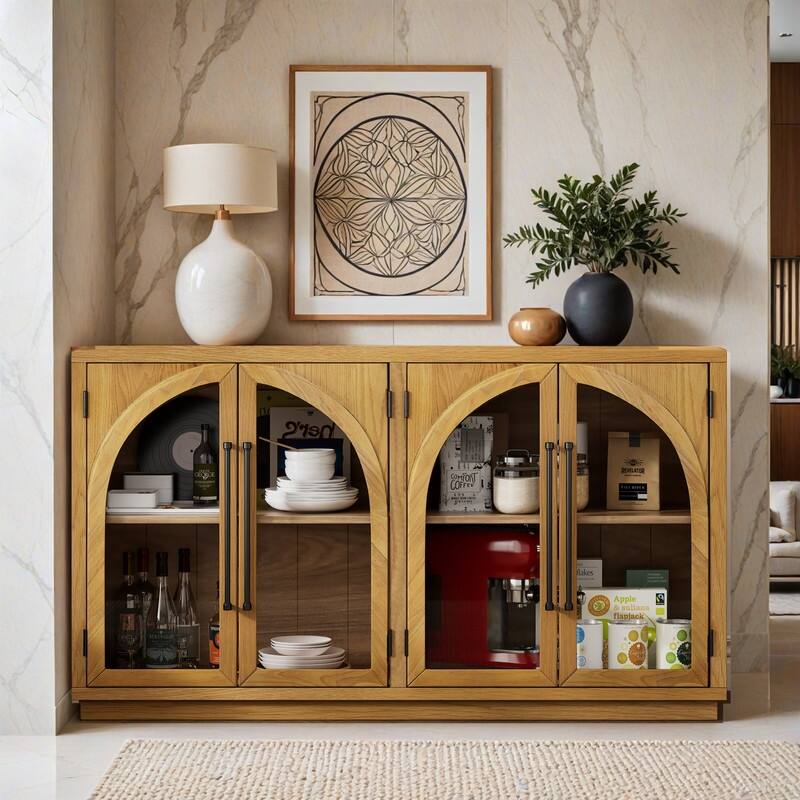 4-Door Large Storage Sideboard Buffet Cabinet with Glass Doors, Arched Cabinet with Adjustable Shelves for Kitchen - Natural Wood