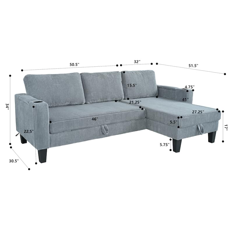 Convertible Sectional Sofa with L-Shaped Storage Chaise, Corner Sofa with Cup Holder & USB Ports, Corduroy Fabric Sleeper Sofa