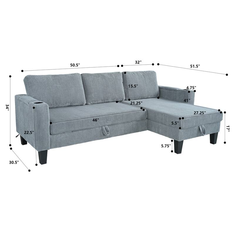 Reversible L-Shaped Sectional Sofa with Storage Chaise, USB Ports, Arm Cup Holder, Modern Corduroy Sleeper Couch for Living Room