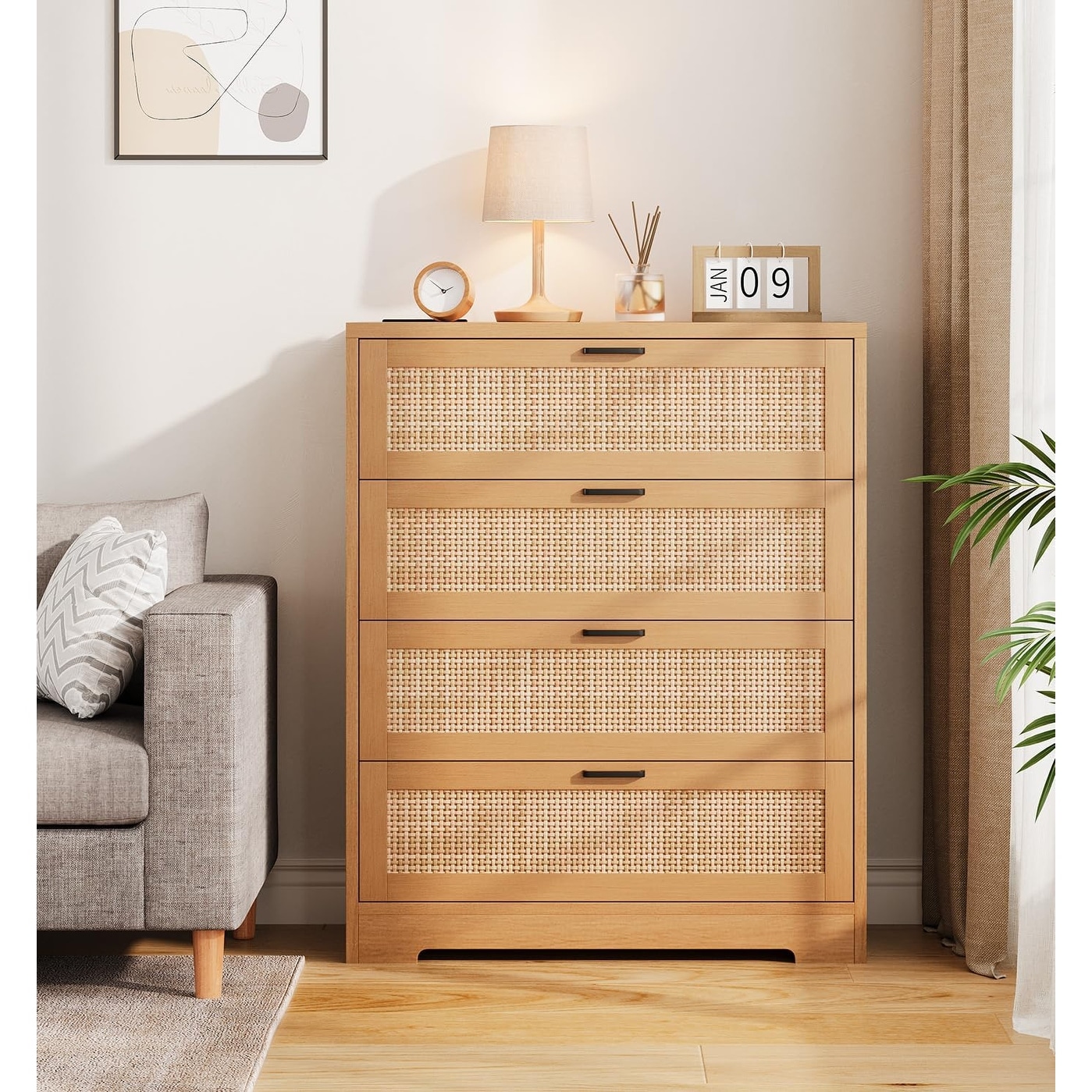 Tall Drawer Rattan Dresser, Modern Storage Chest with Wooden Top & Handles Easy Assembly for Bedroom Living Room