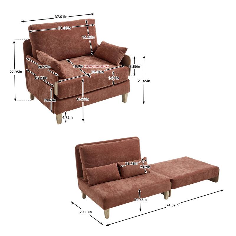 Chenille Upholstered Convertible Sleeper Recliner Foldable Chair Bed with 3 Pillows