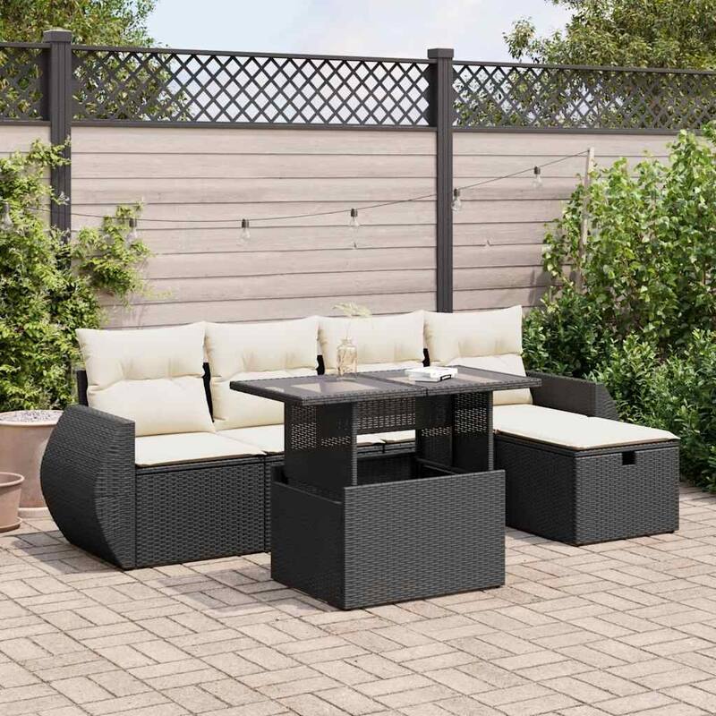vidaXL Patio Sofa Set with Cushions Outdoor Furniture 6 Piece Poly Rattan - Black and cream with storage - 21.7 x 39.4 x 28.7 in