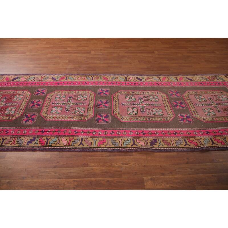 Ardebil Persian Vintage Runner Rug Handmade Geometric Wool Carpet - 3'8" x 10'6"