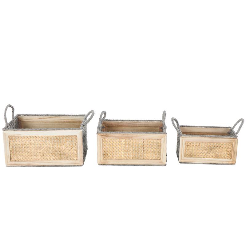 Light Brown Wood Storage Basket with Rope Handles (Set of 3)