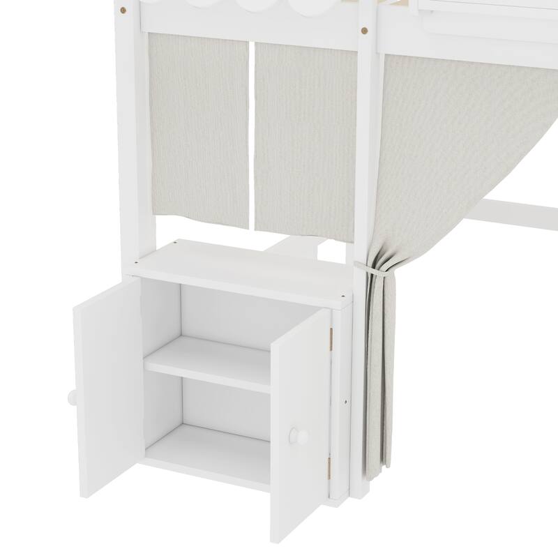 Fairy Tale Cottage Loft Bed with Tent, Bookshelf and Storage Cabinets