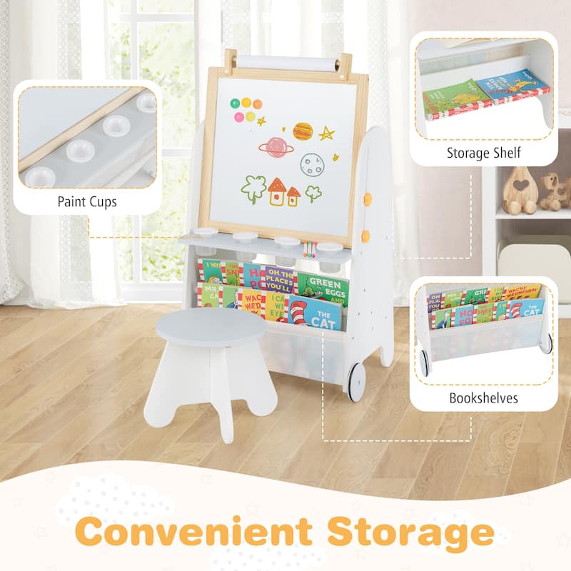 Kids 4 in 1 Art Easel and Desk with Stool Adjustable Height Whiteboard Chalkboard Paper Roll and Storage for Drawing