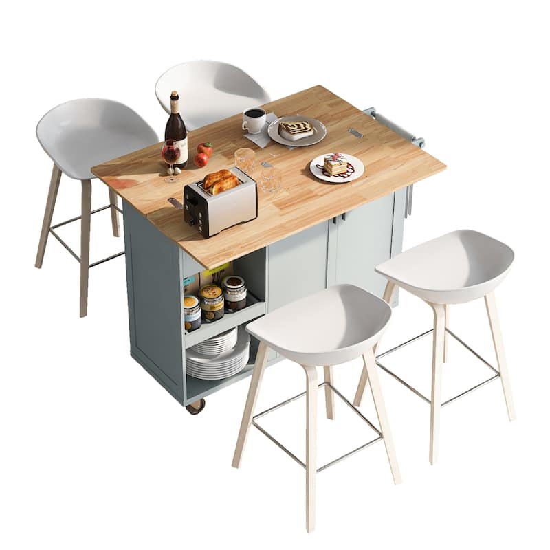 Kitchen Island with Foldable Counter Top, Kitchen Storage cart with Slide-Out Shelf, Towel Rack and Drawer