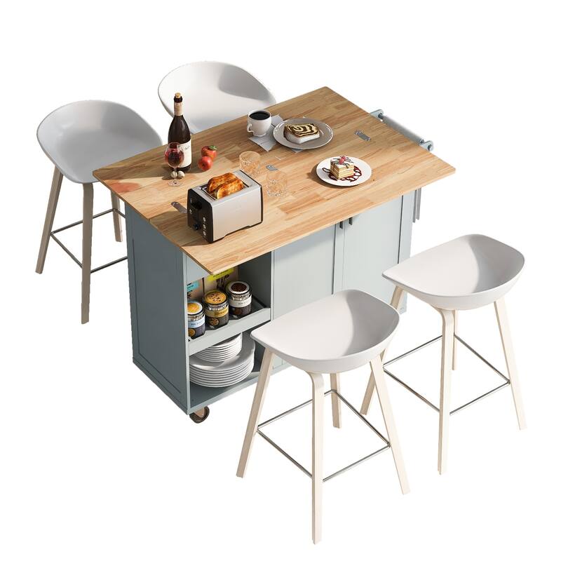 Space-Saving Kitchen Island with Foldable Countertop, Rolling Cart on Wheels, Towel Rack, Drawer & Slide-Out Shelf