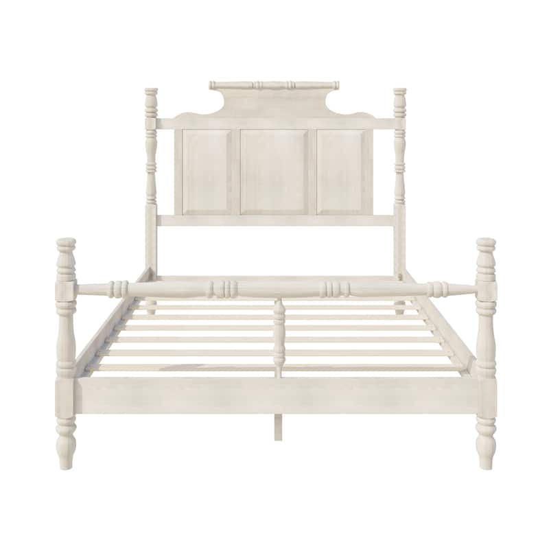 Vintage Country Style Wood Bed Frame Four Poster Platform Bed with High Crown-like Headboard Wingback Bed, Low Profile Bed