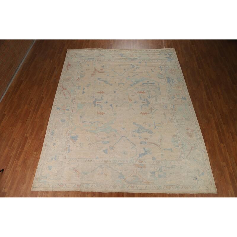 Floral Pink Oushak Turkish Area Rug Hand-Knotted Wool Carpet - 9'7"x 12'0"