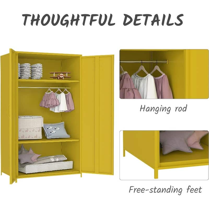 Double Doors Metal Locker Cabinet Storage with Hanging Rod and Shelves for Bedroom School Classroom
