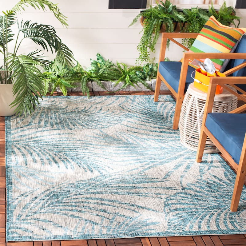 SAFAVIEH Courtyard Ellen Indoor/ Outdoor Waterproof Patio Backyard Rug - 9' x 12' - Grey/Aqua