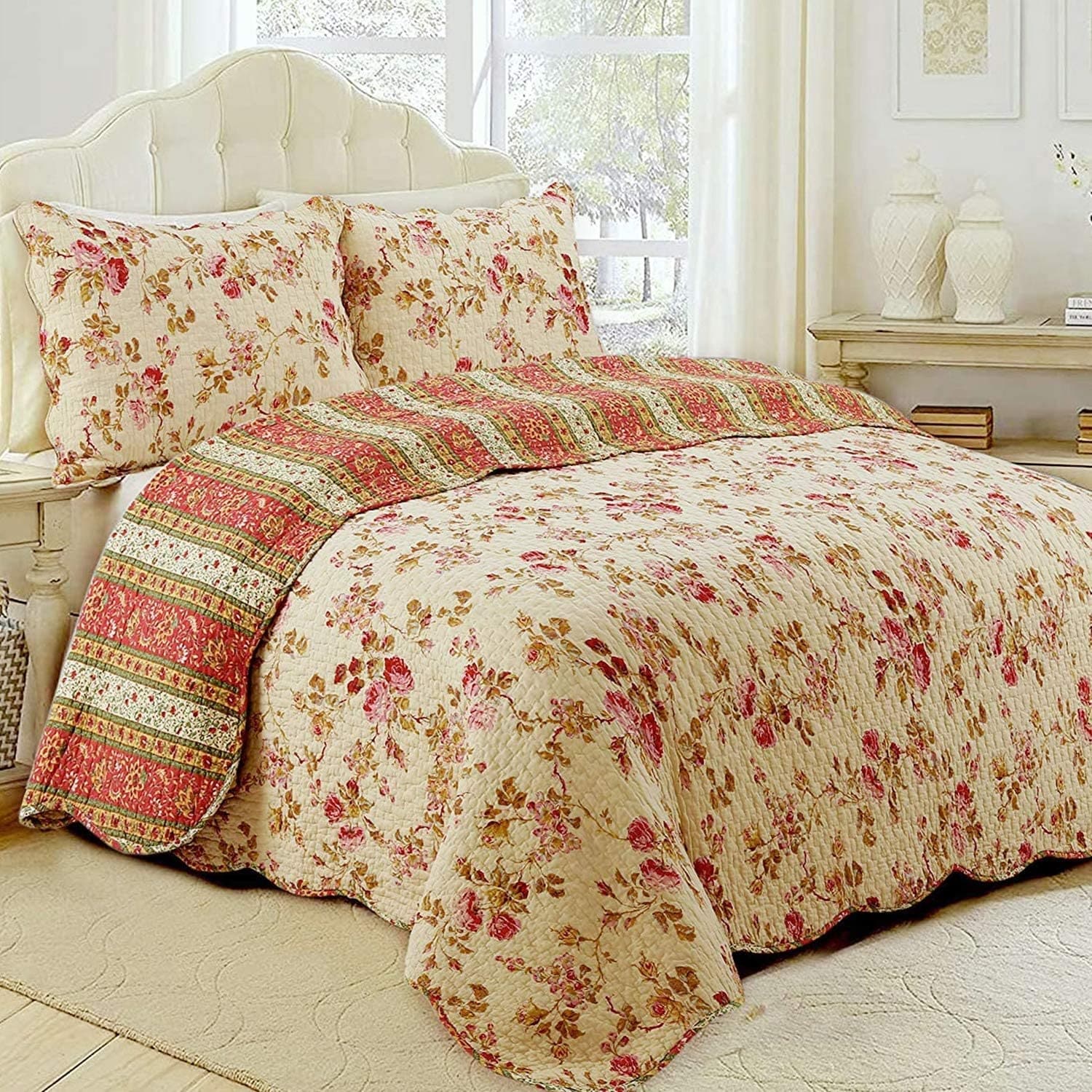 Cozy Line Charleston Cottage Floral Reversible Cotton 3-piece Quilt Bedding Set