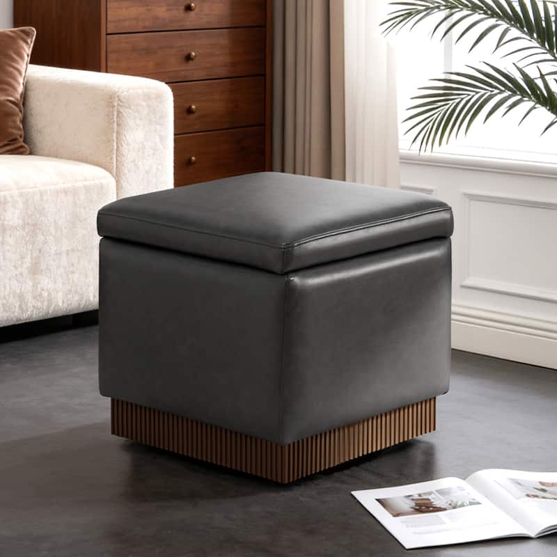 Swivel Storage Ottoman Bench Footstool with Flip-top and Acacia Frame - Grey