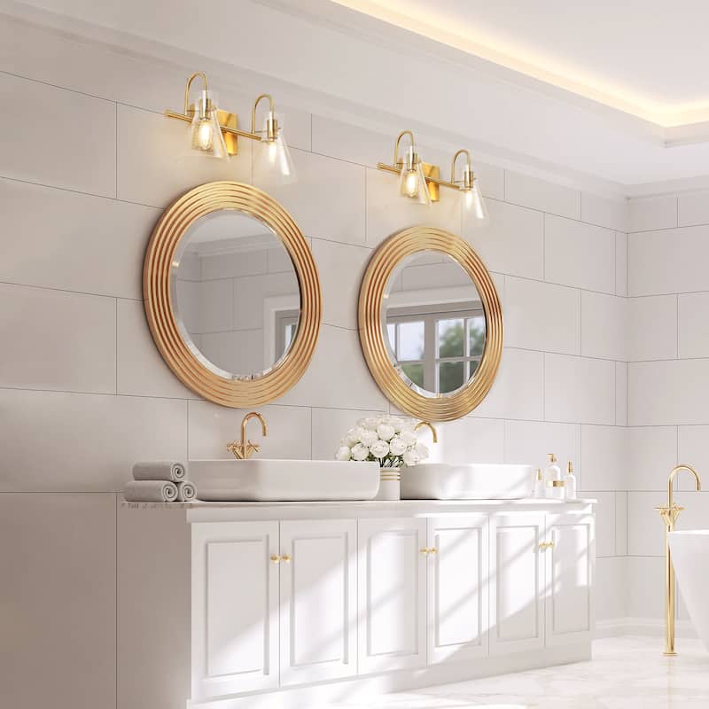 Liniya Modern 2-light Bathroom Vanity Light Brass Gold Wall Sconces Horn Seeded Glass Dimmable