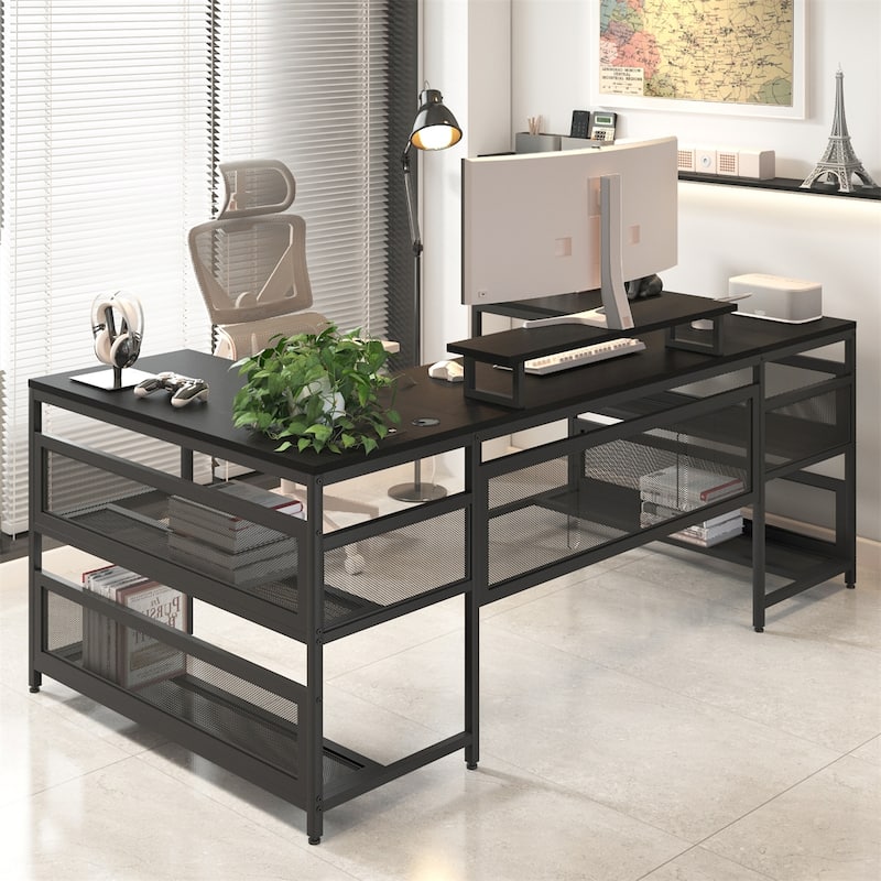U-shaped Desk with Shelve and LED Lights