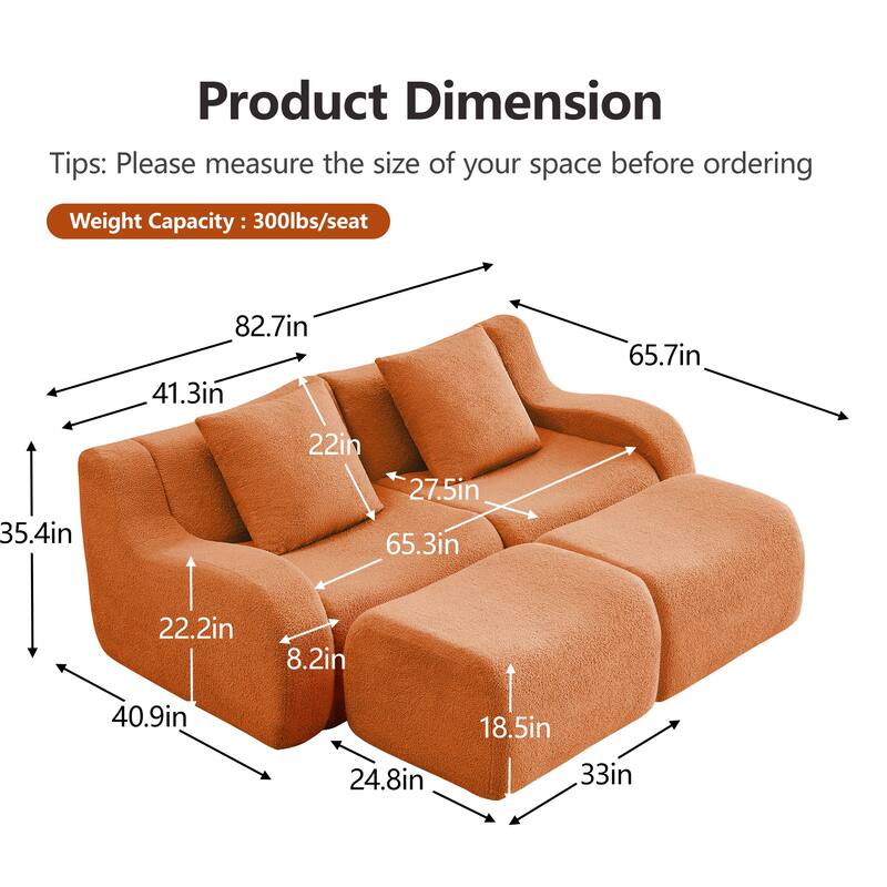 Anmytek Plush Boneless Teddy Fabric Chaise Lounge Sofa - Ergonomic Curved Armrests