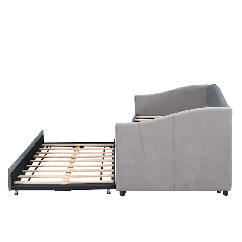 Grey Velvet Upholstered Twin Daybed with Trundle and Wood Slat Support - Sofa Bed