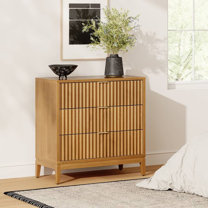 Jasper Mid-Century Modern 3-Drawer Dresser with Solid Wood Frame and Fluted Door Fronts - Warm Pine Single - 3-drawer