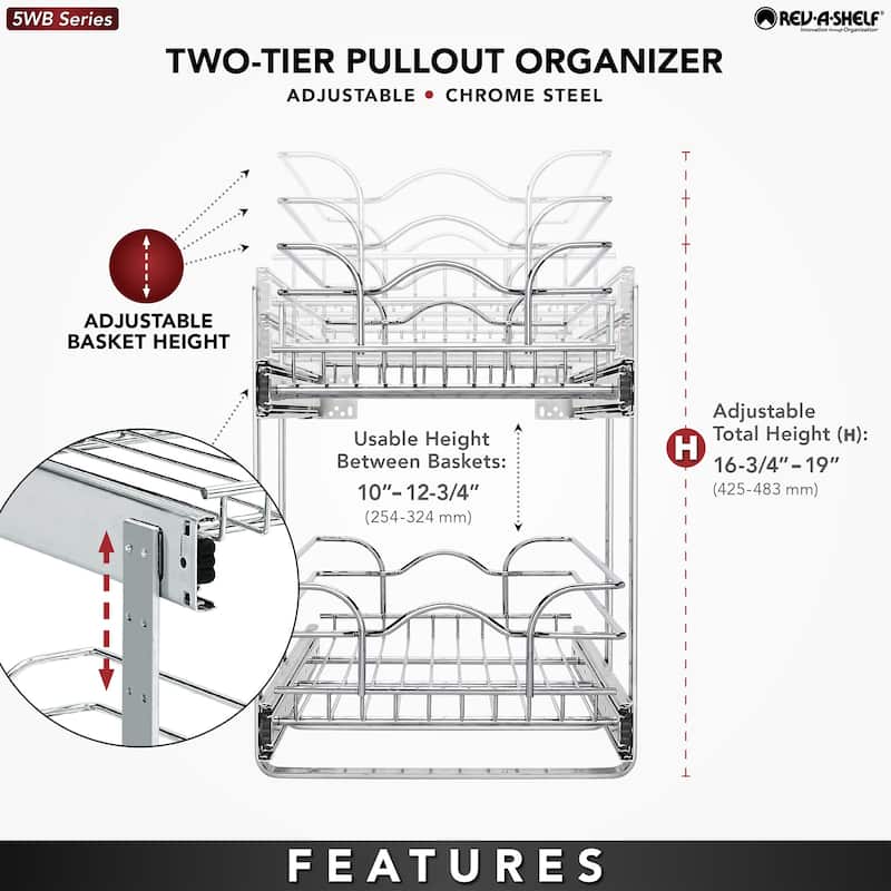 Rev-A-Shelf Pullout 2-Tier Basket Organizer for Kitchen Cabinets, 9 x 22 In, 5WB2-0922CR-1
