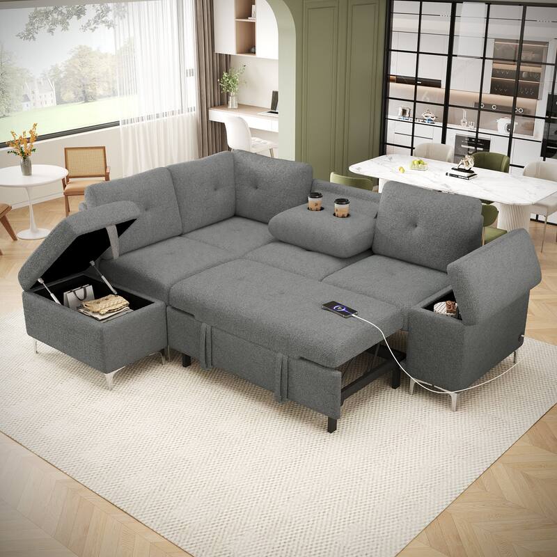 Contemporary L Shaped Sectional Sofa with Storage Ottoman and USB Ports and Drop Down Table for Living Room