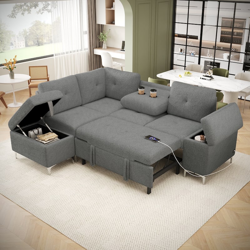 Upholstered L-Shaped Sleeper Sectional Sofa with Storage Space, 2 Cup Holders and 2 USB Ports Pull-out Sofa Bed - Gray