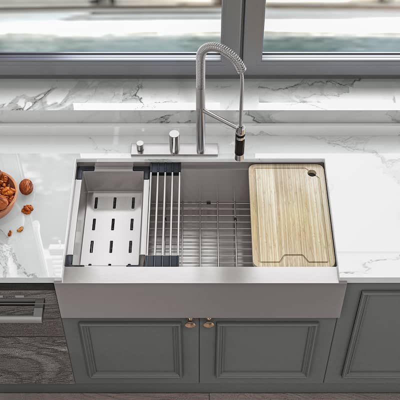 Sinber Farmhouse Apron Single Bowl 304 Stainless Steel Kitchen Sink - 35.9'' x 20.2'' x 10''