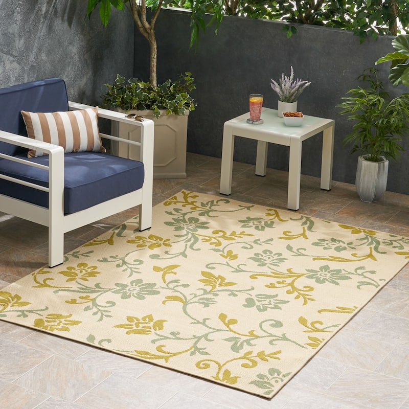 Bursaw Indoor/Outdoor Botanical Area Rug by Christopher Knight Home - 5'3" x 7' - Ivory + Green