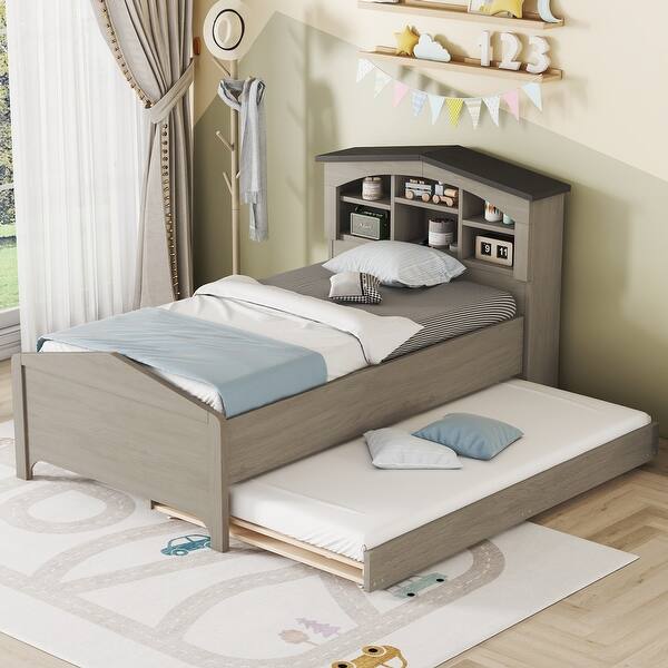 slide 2 of 14, Sturdy Construction, Twin Size Wood Platform Bed with House-shaped Storage Headboard and Trundle Gray