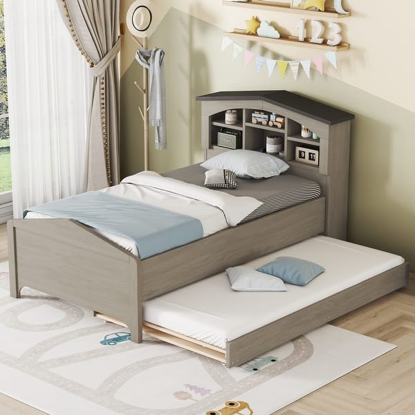 slide 2 of 14, Twin Size Wood Platform Bed with House-Shaped Headboard and Trundle Gray