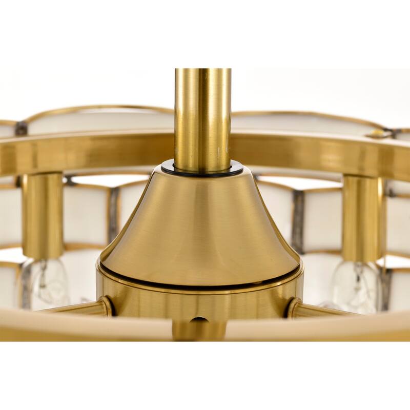 Lighted Ceiling Fan 6-Light Fandelier Brass Trim Opaque Glass Ribbon Weave Shade Remote Control