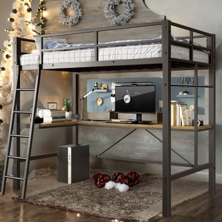 Twin Size Metal Loft Bed with Safety Guard & Ladder, No Box Spring Needed