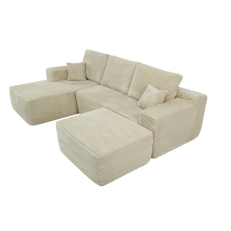 U-Shaped Sectional Couch Boneless Corduroy Couch with Chaise ‌and Ottoman‌, Upholstered Modular Lounger Sofa