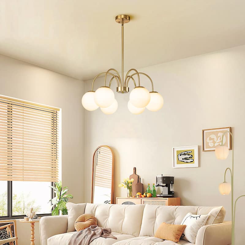 6/ 10-light Mid-Century Modern Black/ Brasss Round Sputnik Glass Globe Bubble Chandelier with Frosted Opal Glass Globe - 6 Light - Gold