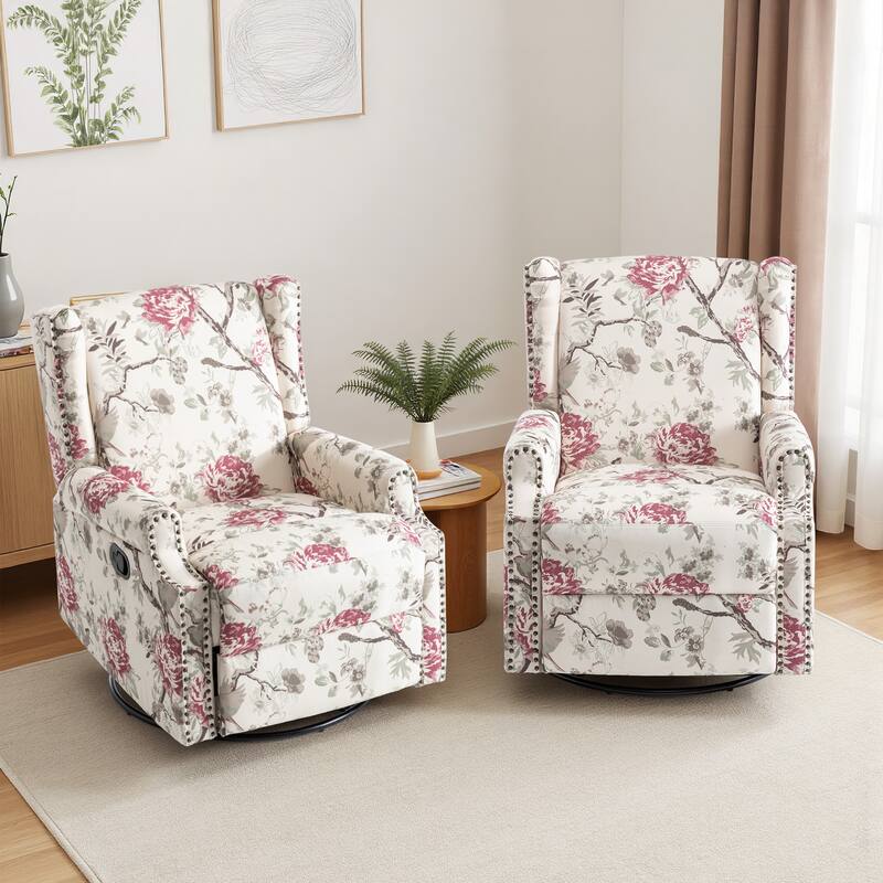 UIXE 2 Set Roderich Farmhouse Floral Print Swivel Rocker Push Back Recliner
