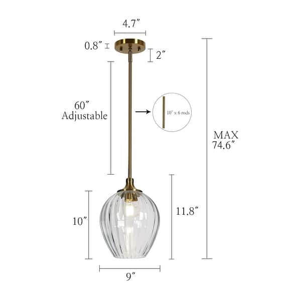 dimension image slide 1 of 2, Modern Glam 1-Light Brass Clear Ribbed Glass Pendant Light for Kitchen Island - 9"